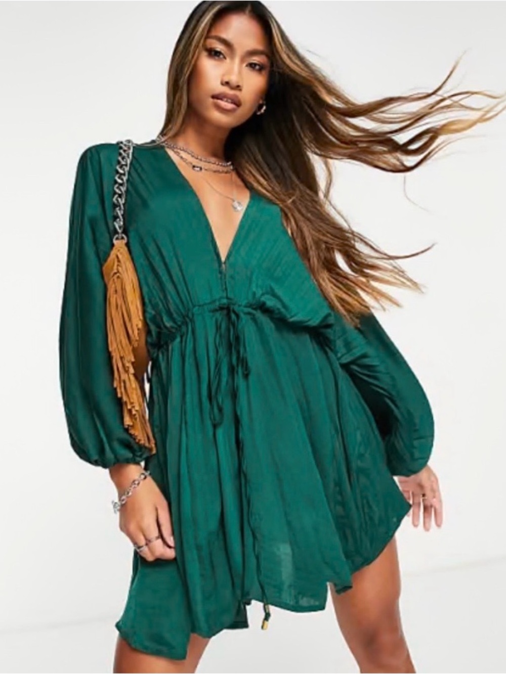 Free People Emerald Green Long Sleeve Mini Dress